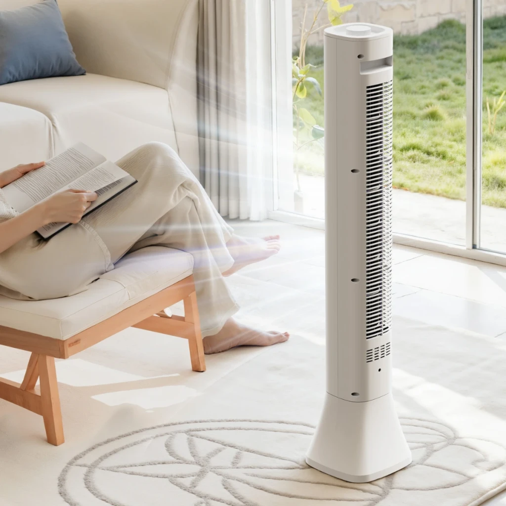 Deerma FD140W - Ventilador de torre branco, design slim e minimalista, grelha frontal longa, base estável e acabamento fosco elegante - Item8