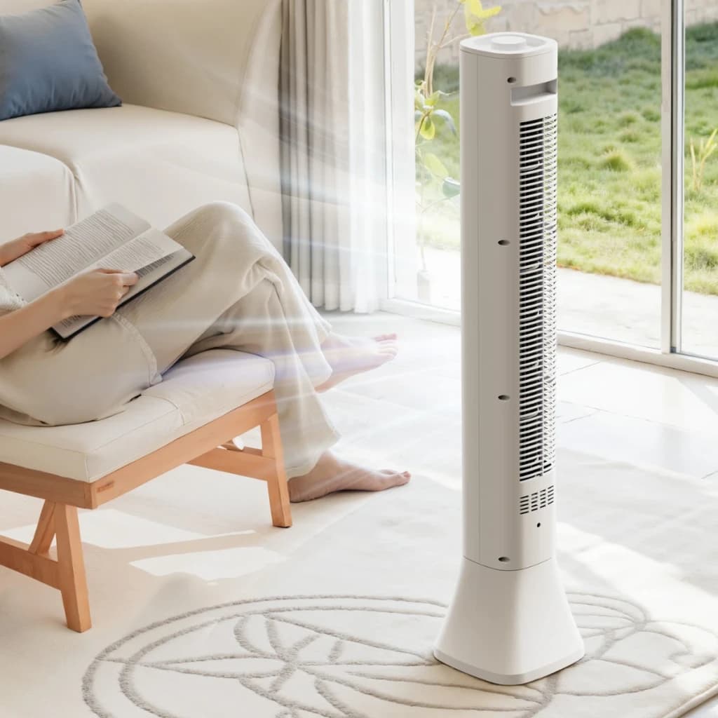 Deerma FD140W - Ventilador de torre branco, corpo alto e estreito, grelha vertical, base larga estável, fluxo de ar suave para sala de estar iluminada