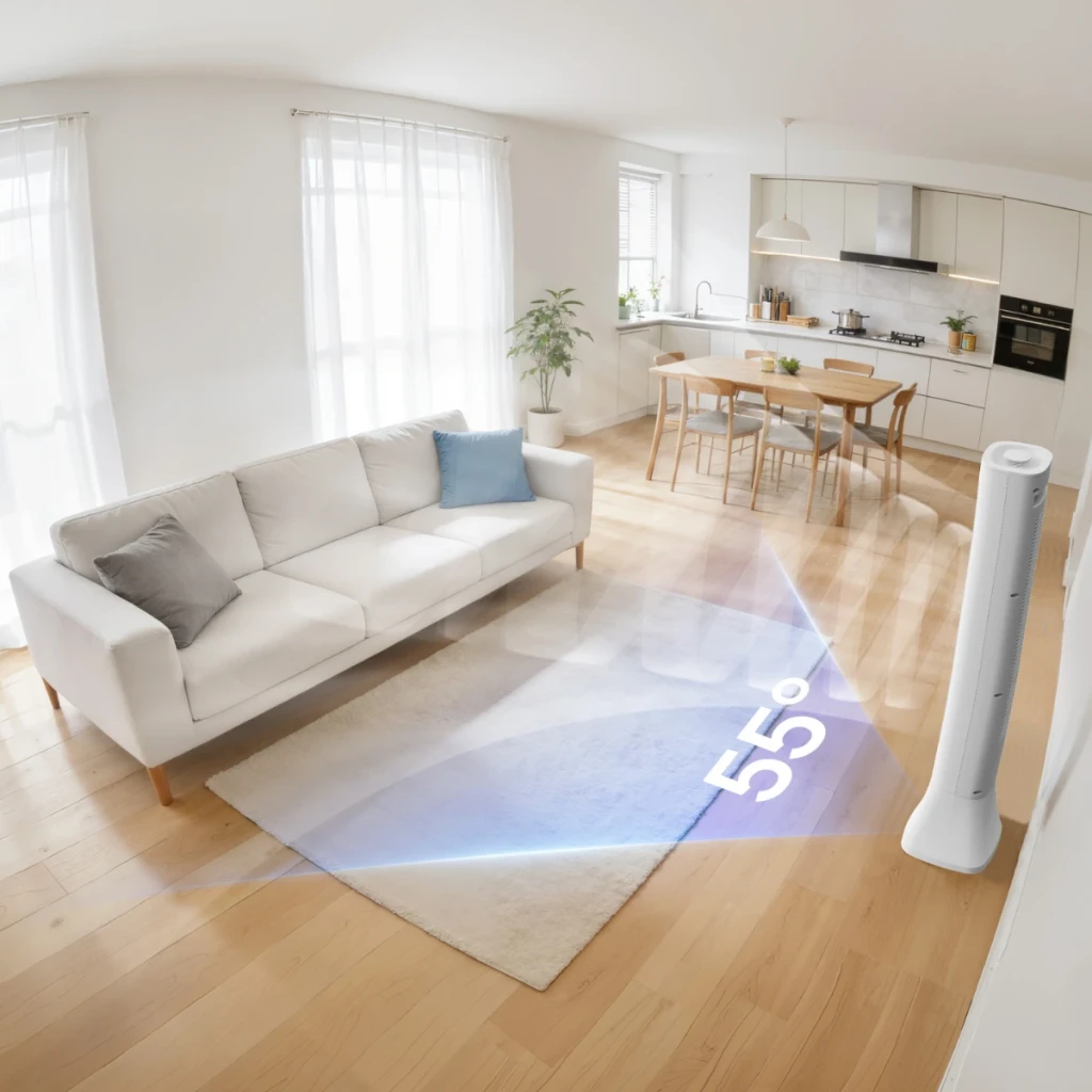 Deerma FD140W - Ventilador de torre branco, design slim e minimalista, grelha frontal longa, base estável e acabamento fosco elegante - Item5