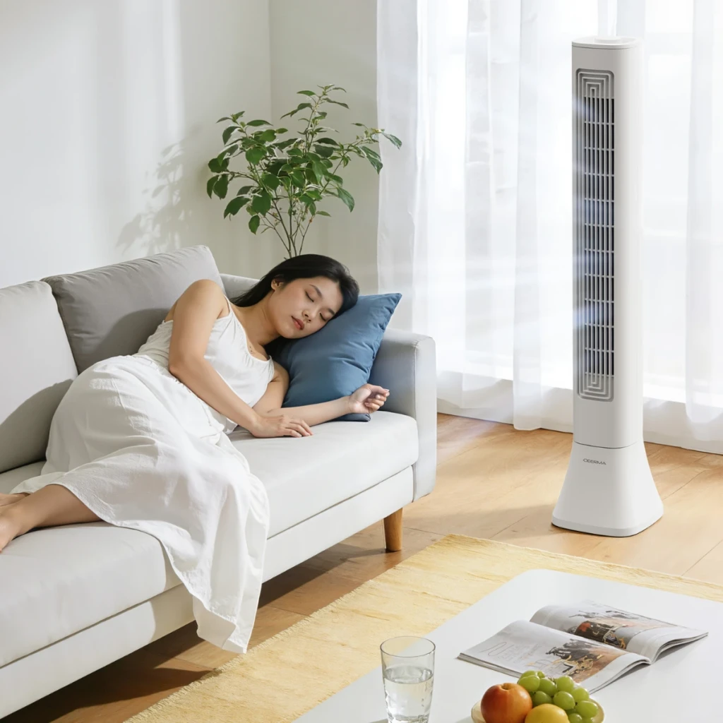 Deerma FD140W - Ventilador de torre branco, design slim e minimalista, grelha frontal longa, base estável e acabamento fosco elegante - Item7