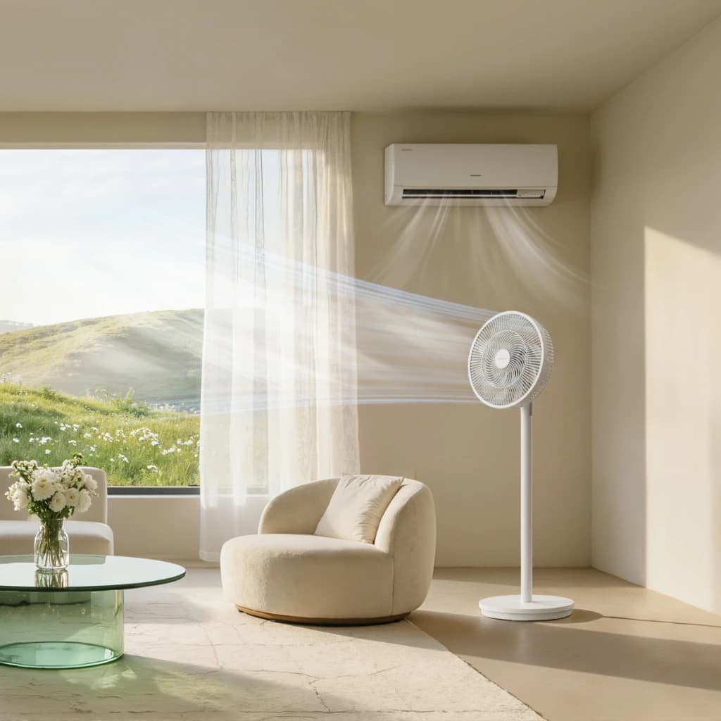 Deerma FD13W - Ventilador de pé branco com grelha circular, base ampla, altura ajustável e fluxo de ar direcionado em sala minimalista iluminada por janela
