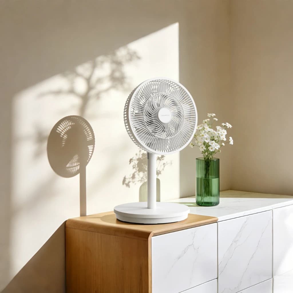 Deerma FD13W - Ventilador de pé branco, design minimalista, grelha circular densa, base estável e silenciosa; ideal para mesas ou aparadores iluminados.