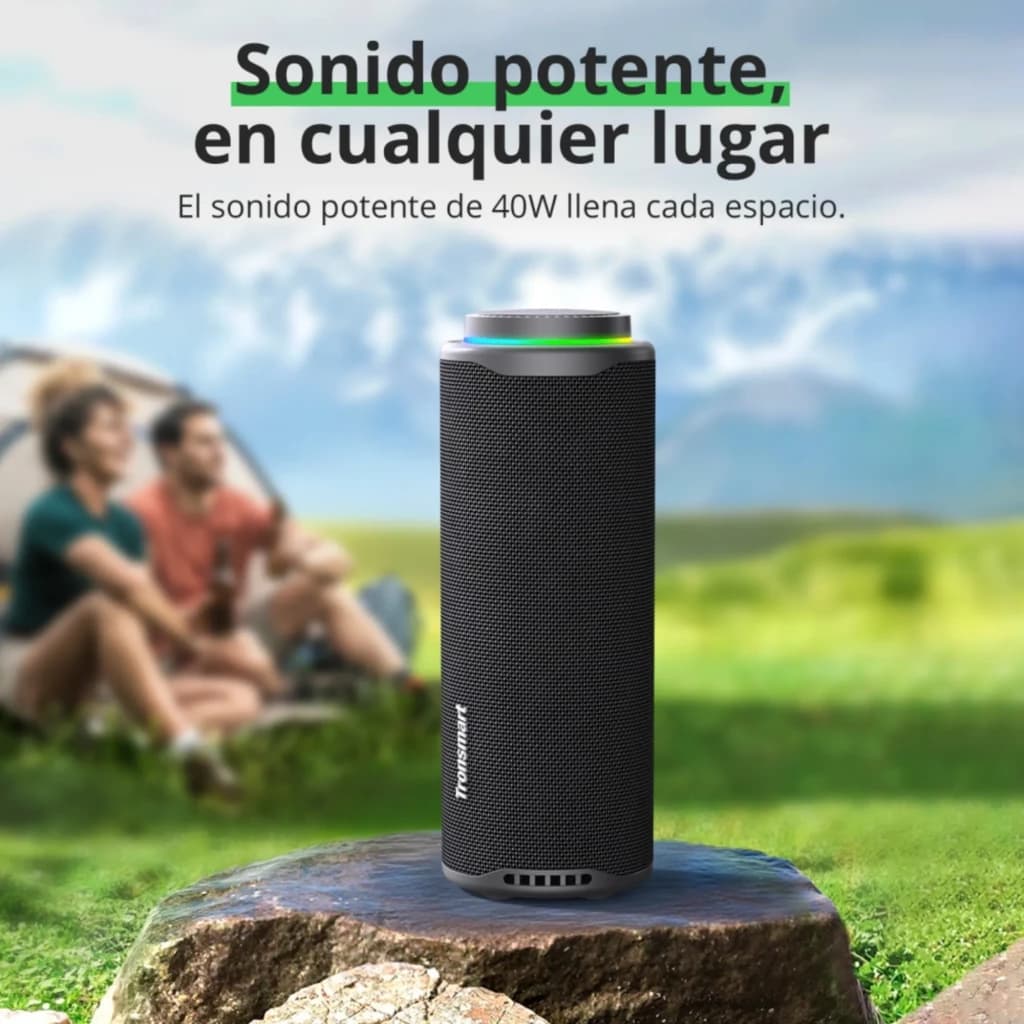 Tronsmart T8 Bleu 40 W Système 2.1 enceinte Bluetooth cylindrique noire avec anneau LED, grille maillée et base antidérapante, compacte pour usage extérieur