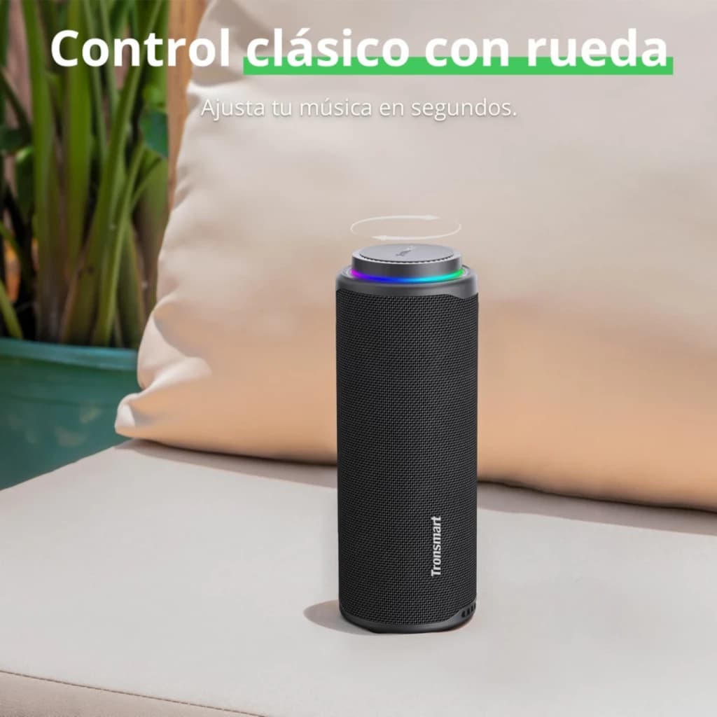 Enceinte Tronsmart T8 Bleu 40 W 2.1 cylindrique, tissu noir, anneau LED coloré, grande molette supérieure, logo vertical, design portable élégant