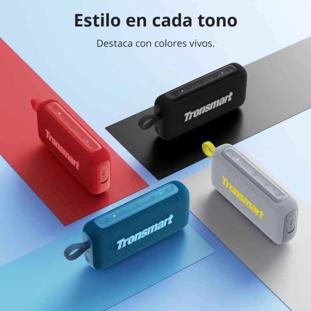 Enceinte portable Tronsmart Trip 2 10 W Bluetooth 5.3 gris, compacte rectangulaire avec tissu maillé, logo jaune, sangle latérale et boutons supérieurs