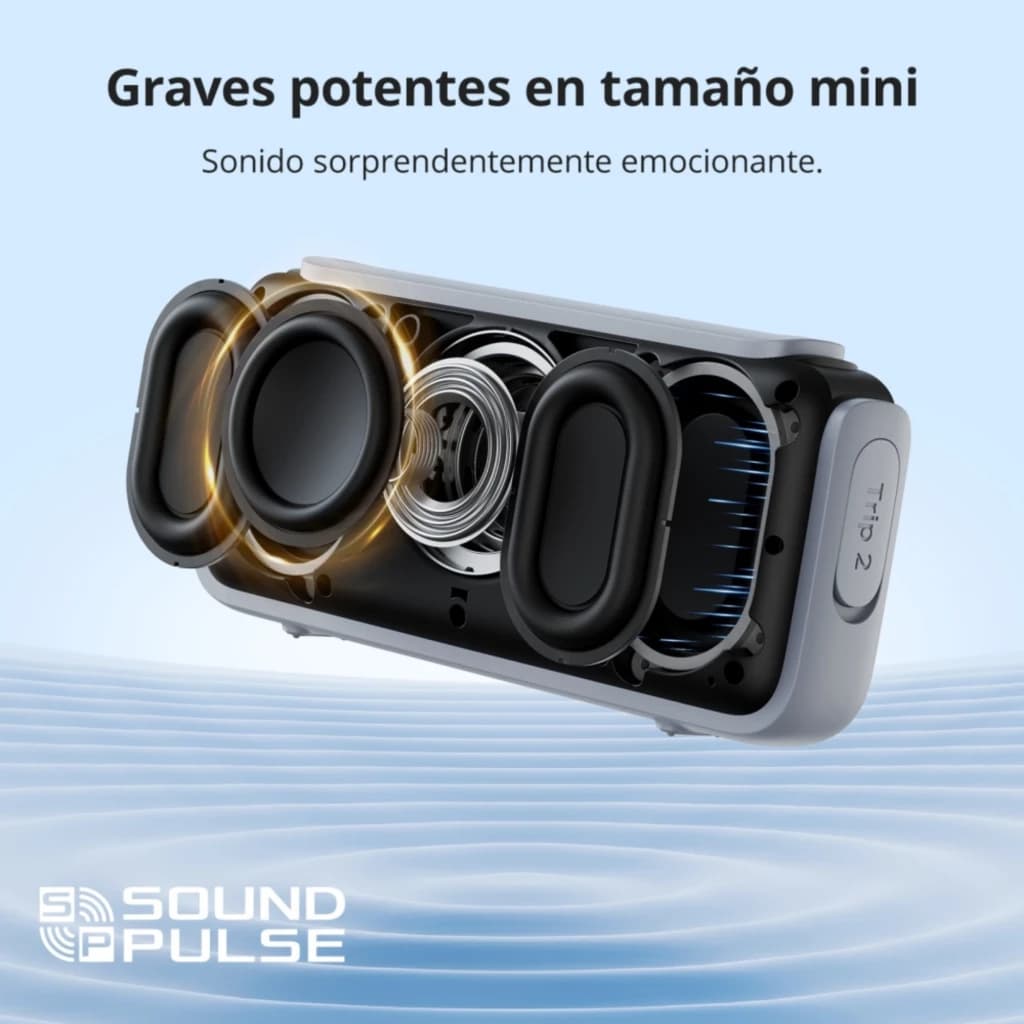 Tronsmart Trip 2 10 W Bluetooth 5.3 Gris avec double radiateurs passifs, transducteurs exposés, boîtier compact, effets lumineux SoundPulse