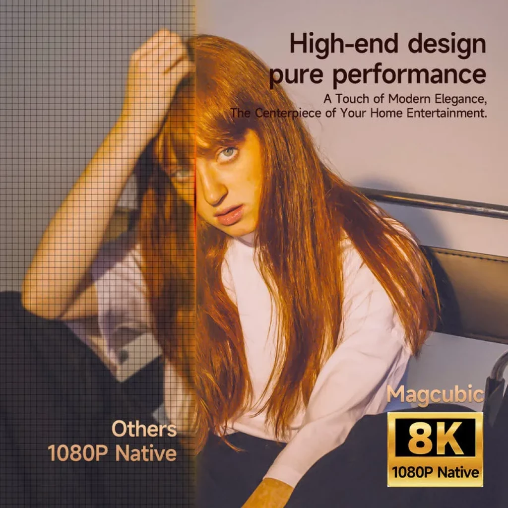 Magcubic X7 8K 1000 ANSI Proyector con lente grande azul, cuerpo gris metálico, rejillas laterales y soporte ajustable robusto para mesa o estante - Ítem2