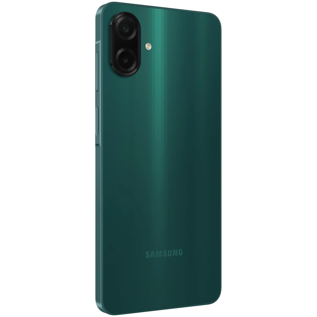 Smartphone verde com tela ampla de bordas finas e notch em gota, traseira brilhante e módulo dual de câmeras verticais com flash; acabamento elegante Samsung - Item6