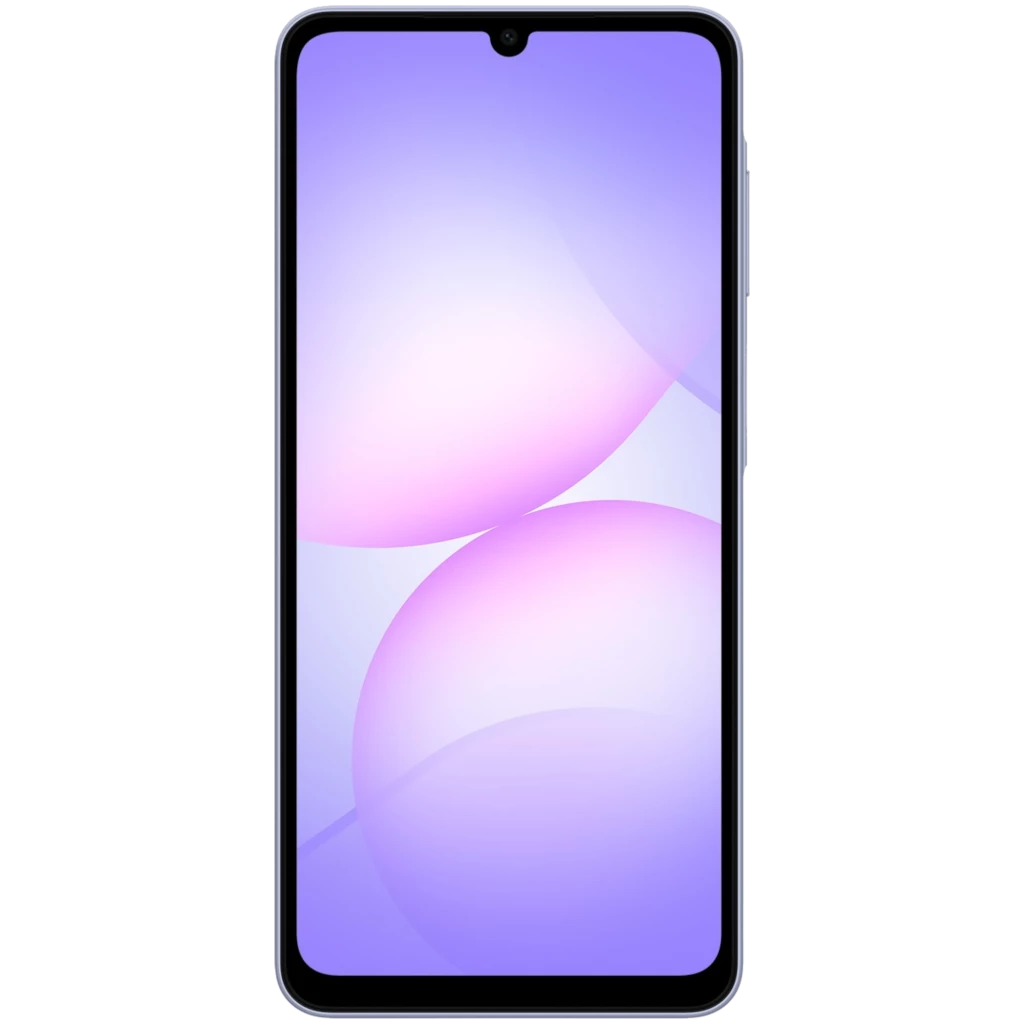 Samsung Galaxy A07 4G violeta com tela ampla sem bordas, notch em gota e dupla câmera traseira vertical; acabamento brilhante e logo Samsung discreto - Item1