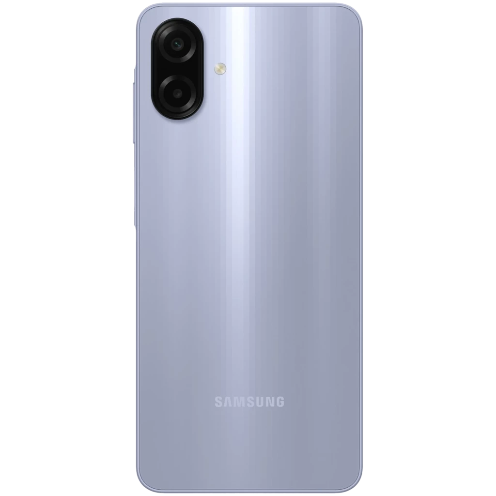 Samsung Galaxy A07 4G violeta com tela ampla sem bordas, notch em gota e dupla câmera traseira vertical; acabamento brilhante e logo Samsung discreto - Item2