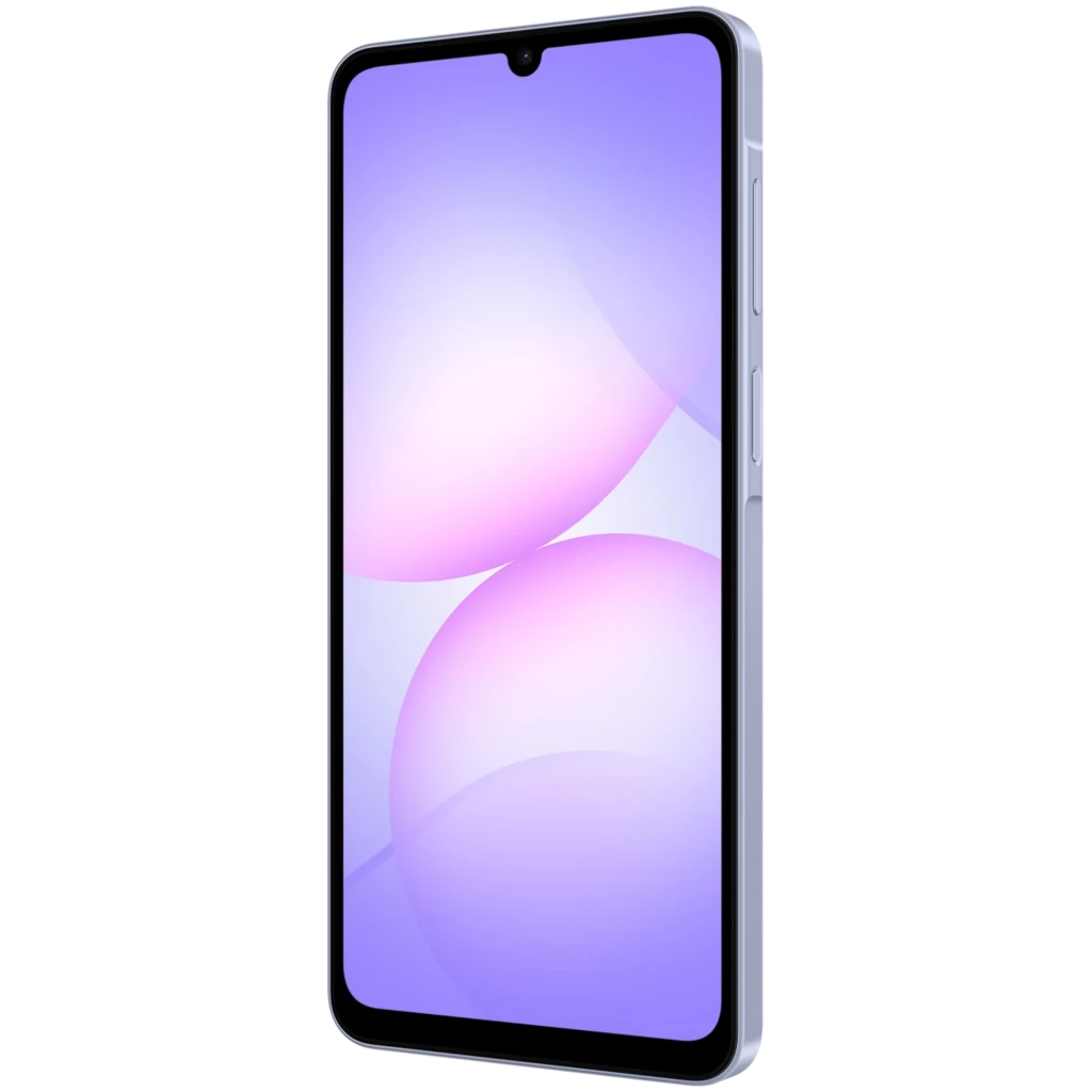 Samsung Galaxy A07 4G violeta com tela ampla sem bordas, notch em gota e dupla câmera traseira vertical; acabamento brilhante e logo Samsung discreto - Item3