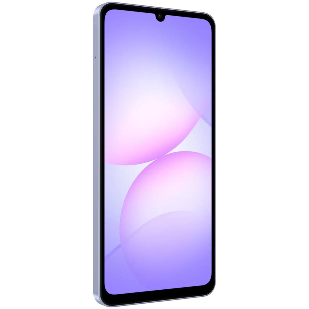 Samsung Galaxy A07 4G violeta com tela ampla sem bordas, notch em gota e dupla câmera traseira vertical; acabamento brilhante e logo Samsung discreto - Item4