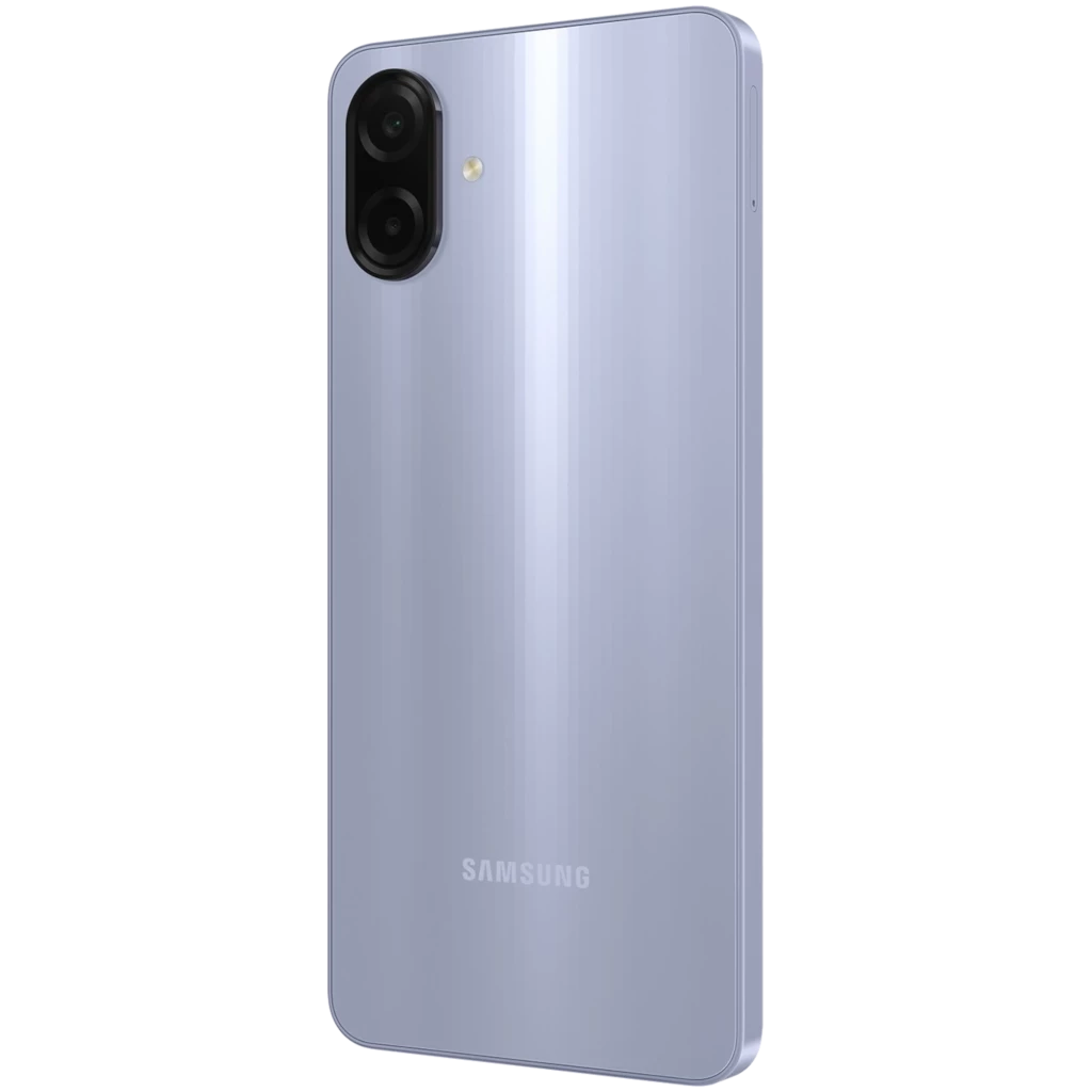 Samsung Galaxy A07 4G violeta com tela ampla sem bordas, notch em gota e dupla câmera traseira vertical; acabamento brilhante e logo Samsung discreto - Item5