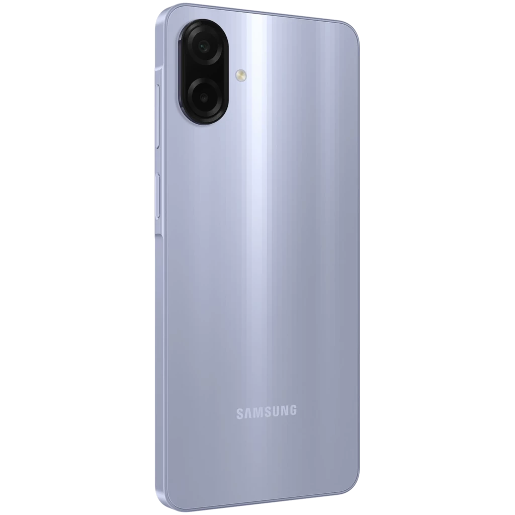 Samsung Galaxy A07 4G violeta com tela ampla sem bordas, notch em gota e dupla câmera traseira vertical; acabamento brilhante e logo Samsung discreto - Item6