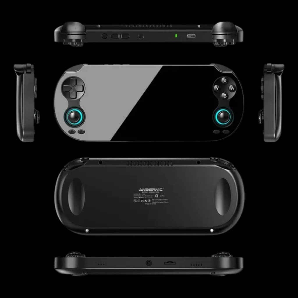 Anbernic RG Vita Noir, console rétro portable dotée d'un grand écran, de manettes avec anneau LED turquoise, d'un pavé directionnel à gauche et des boutons ABXY à droite