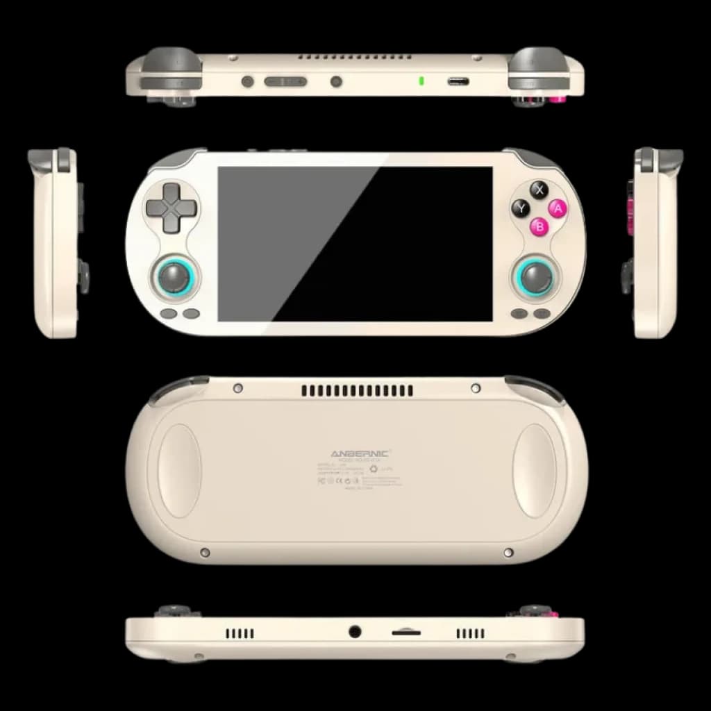 Anbernic RG Vita Gris, console rétro portable dotée d'un grand écran, de manettes avec anneau LED turquoise, d'un pavé directionnel à gauche et des boutons ABXY à droite
