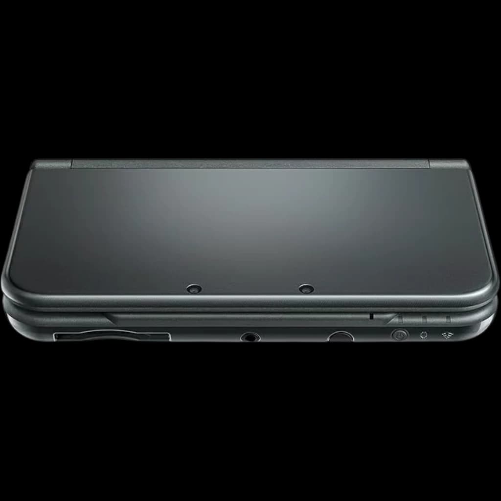 Nintendo 3DS XL grise rénovée en excellent état, coque anthracite lisse, double caméra frontale, ports latéraux visibles, design pliable soigné et compact