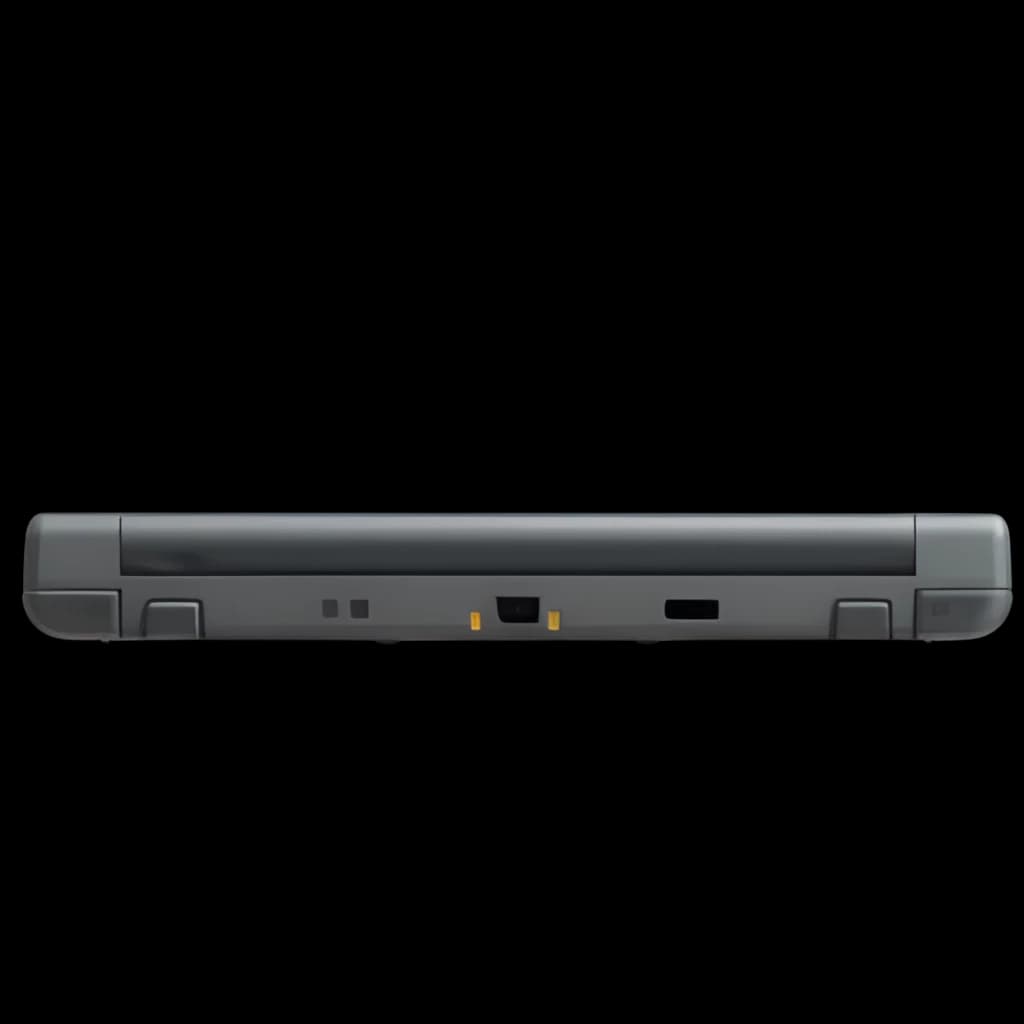Nintendo 3DS XL grise rénovée en excellent état, vue fermée du bord supérieur avec charnières solides, port de charge central et finitions mates