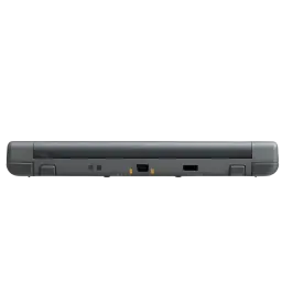Nintendo 3DS XL grise rénovée en excellent état, vue fermée du bord supérieur avec charnières solides, port de charge central et finitions mates