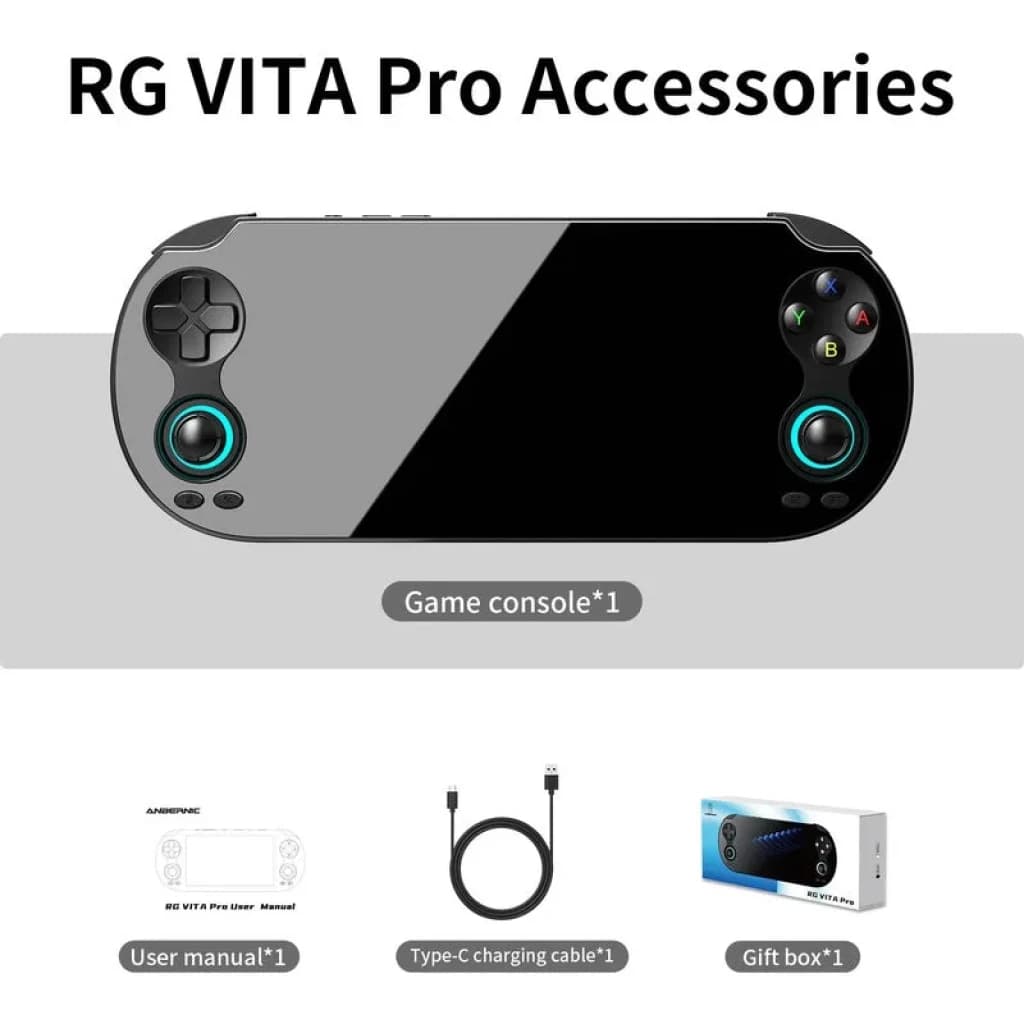 Anbernic RG Vita Pro 4 GB/64 GB Preto com tela ampla, botões ABXY, analógicos duplos, alto-falantes frontais e porta USB-C; inclui manual e caixa de presente