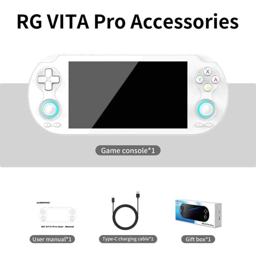 Anbernic RG Vita Pro 4 GB/64 GB Branco, console retro portátil com tela ampla, botões A/B/X/Y coloridos, direcionais, analógicos duplos e USB-C
