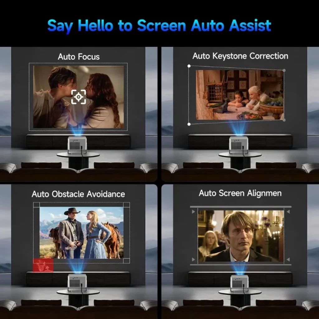 Vista frontal do projetor Magcubic HY350GT com suporte de 180 graus e lente asférica - Item2