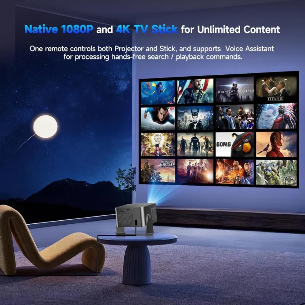 Vista frontal do projetor Magcubic HY350GT com suporte de 180 graus e lente asférica - Item3