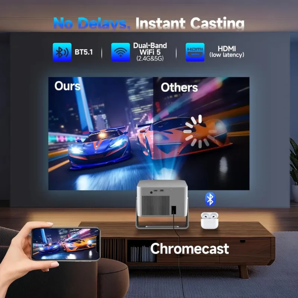 Vista frontal do projetor Magcubic HY350GT com suporte de 180 graus e lente asférica - Item4