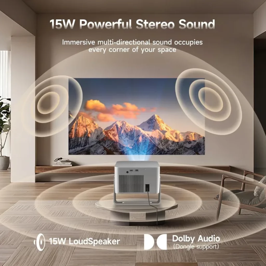 Vista frontal do projetor Magcubic HY350GT com suporte de 180 graus e lente asférica - Item6