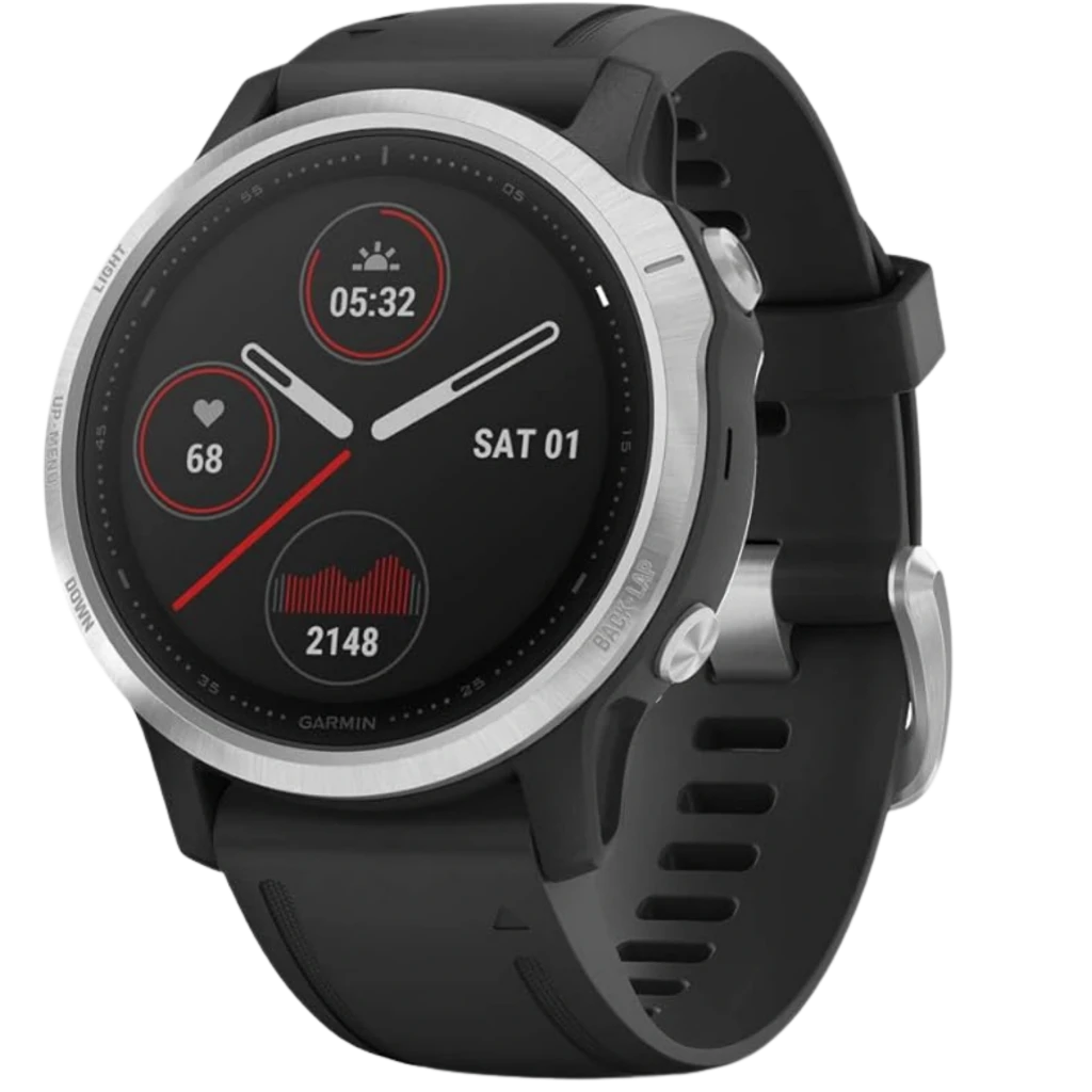 Montre connectée Garmin Fenix 6S Pro 42 mm, boîtier argent brossé noir, lunette acier, trois boutons latéraux, cadran noir avec jauges rouges et blanches - Ítem1
