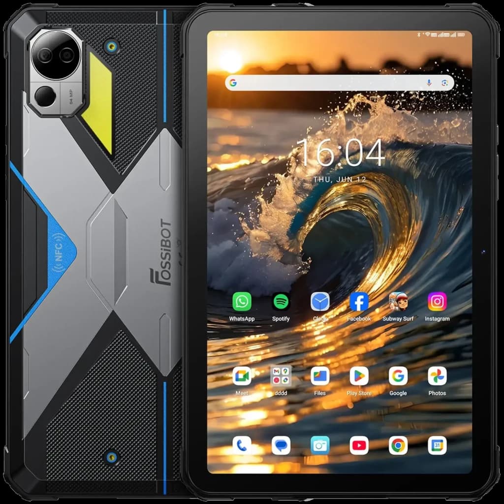 Tablet Fossibot DT3 10,4 5G azul robusto, moldura reforçada, tela grande com bordas espessas, câmera traseira dupla destacada e detalhes em preto e cinza