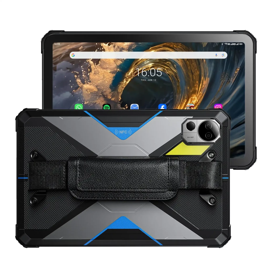 Tablet Fossibot DT3 azul rugerizada 10,4 pulgadas con bordes reforzados, doble cámara trasera con módulo hexagonal, pantalla con biseles gruesos y apps - Ítem1