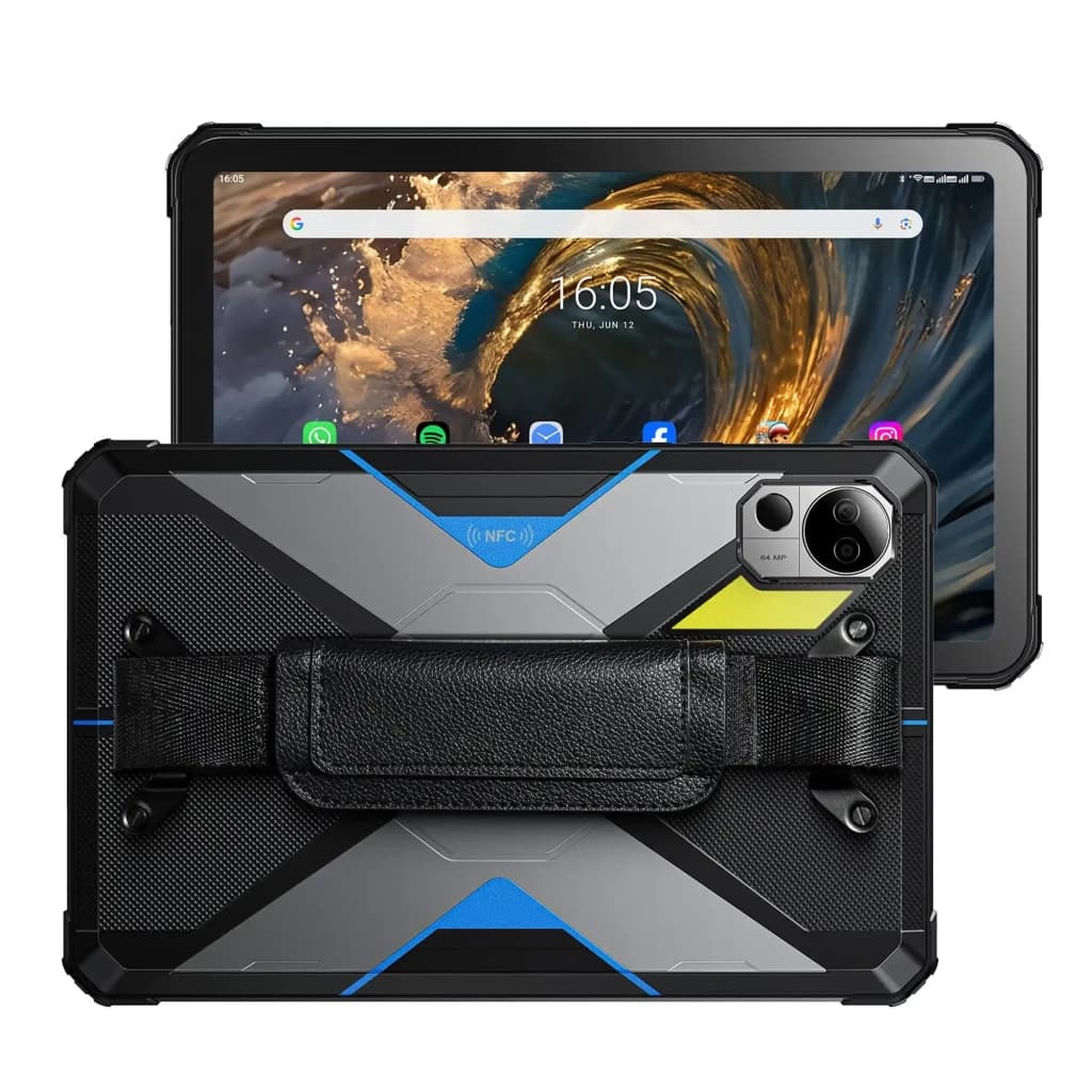 Tablet Fossibot DT3 azul rugged, 10,4 pol, traseira robusta com alça de couro, câmera dupla saliente, moldura reforçada, tela frontal ampla com 5G