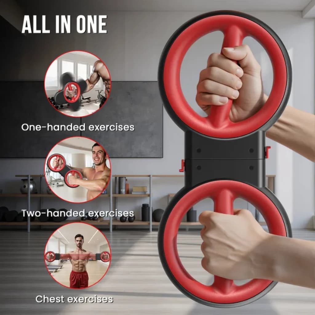 Akluer 3 en 1 : double roue rouge avec poignée centrale, usage à une ou deux mains, réglages multiples pour renforcer bras et poitrine