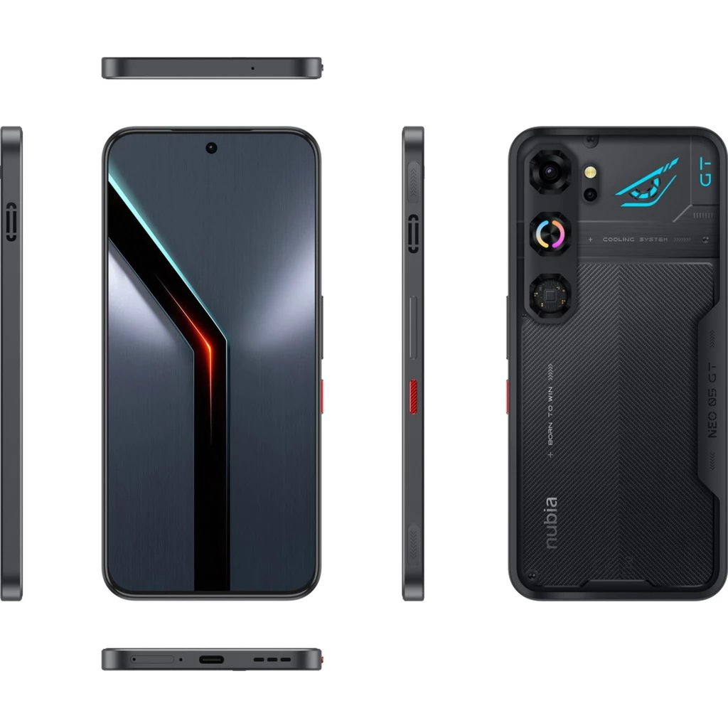 Nubia Neo 5 GT noir avec dos texturé, module photo triple, accents LED bleus, écran bord à bord perforé et gâchettes latérales rouges pour le gaming - Ítem1