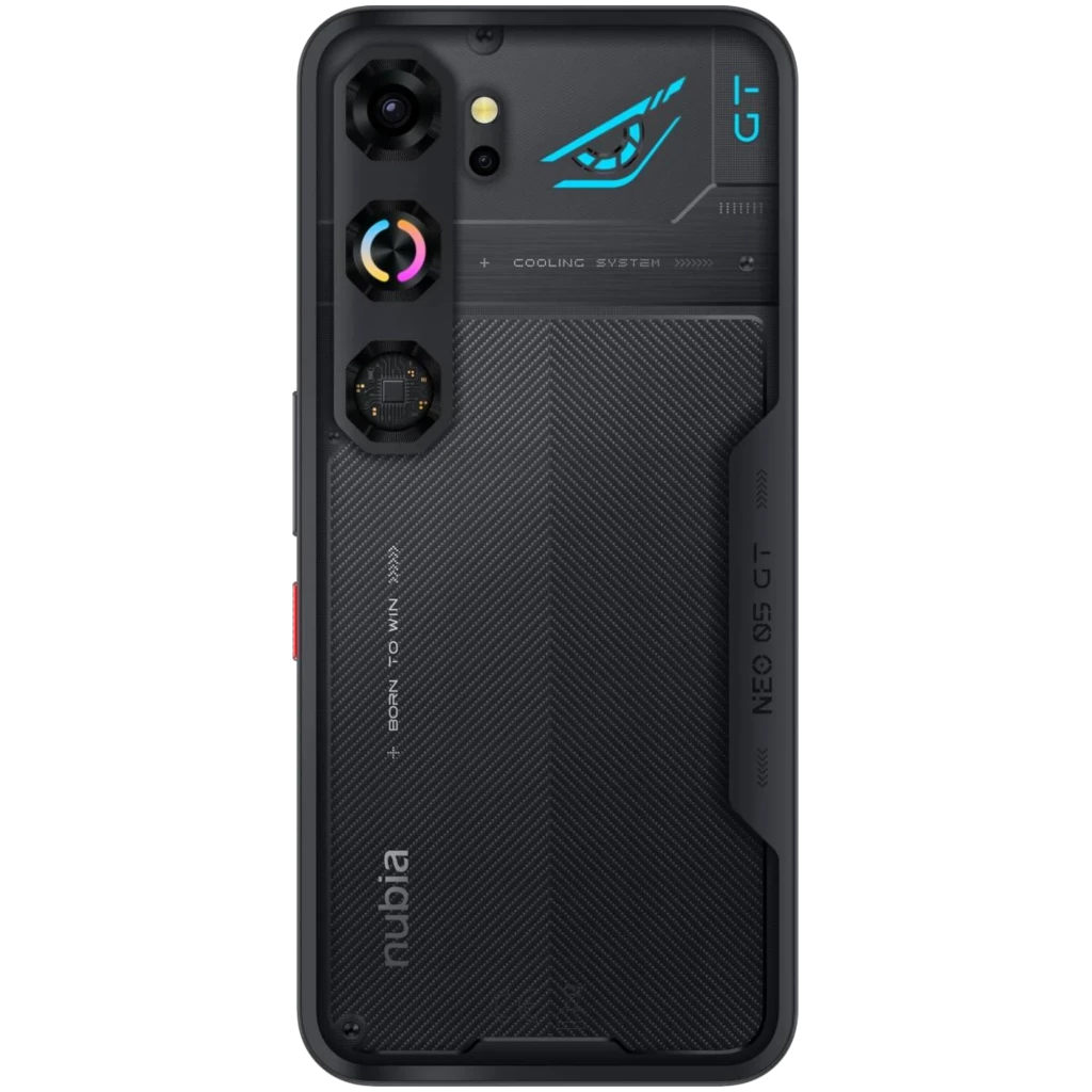 Nubia Neo 5 GT noir avec dos texturé, module photo triple, accents LED bleus, écran bord à bord perforé et gâchettes latérales rouges pour le gaming - Ítem2