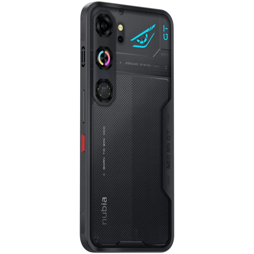 Nubia Neo 5 GT noir avec dos texturé, module photo triple, accents LED bleus, écran bord à bord perforé et gâchettes latérales rouges pour le gaming - Ítem3