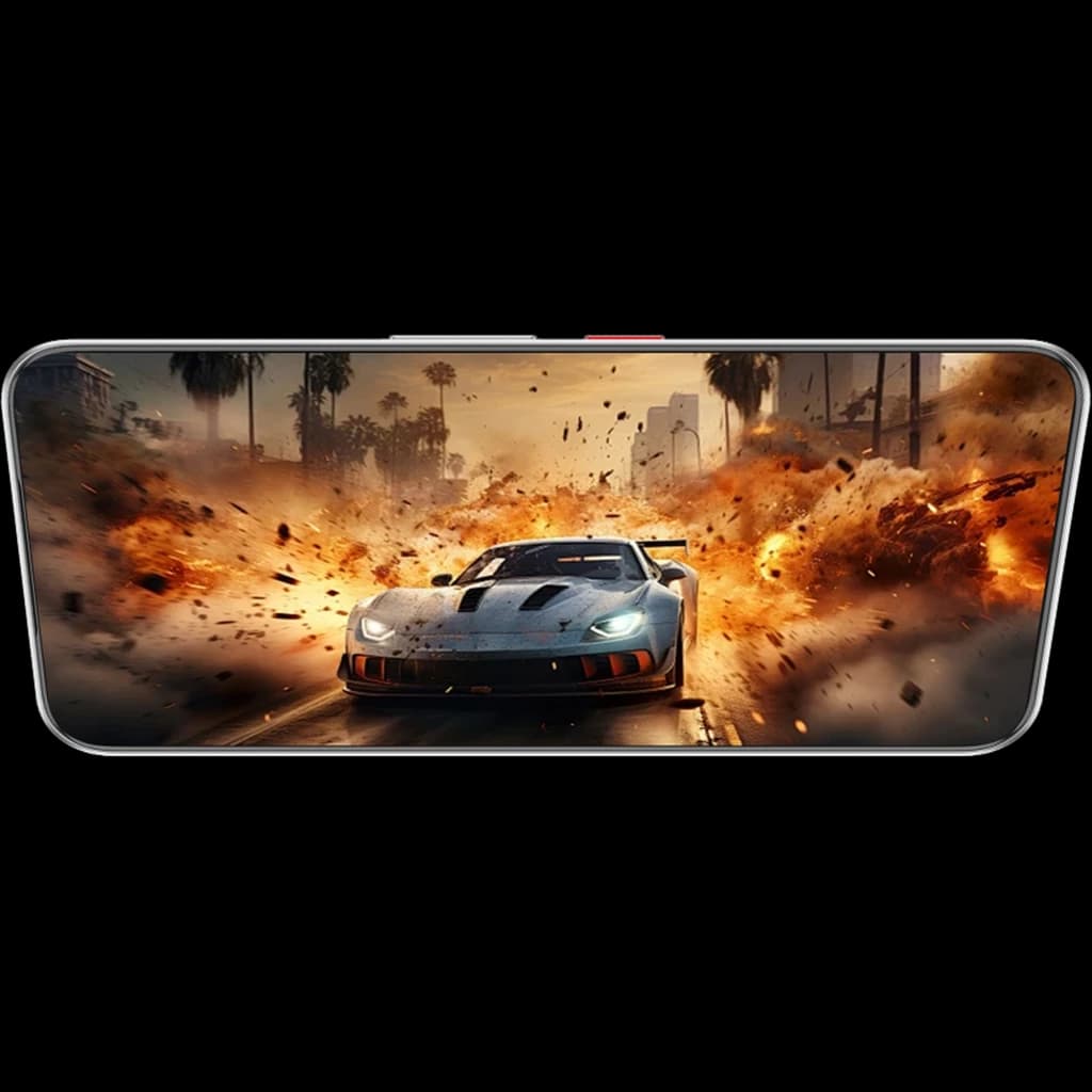Tela do Nubia Neo 5 GT exibindo jogo de corrida com explosões, cores vibrantes e bordas finas, destacando imersão e fluidez visual