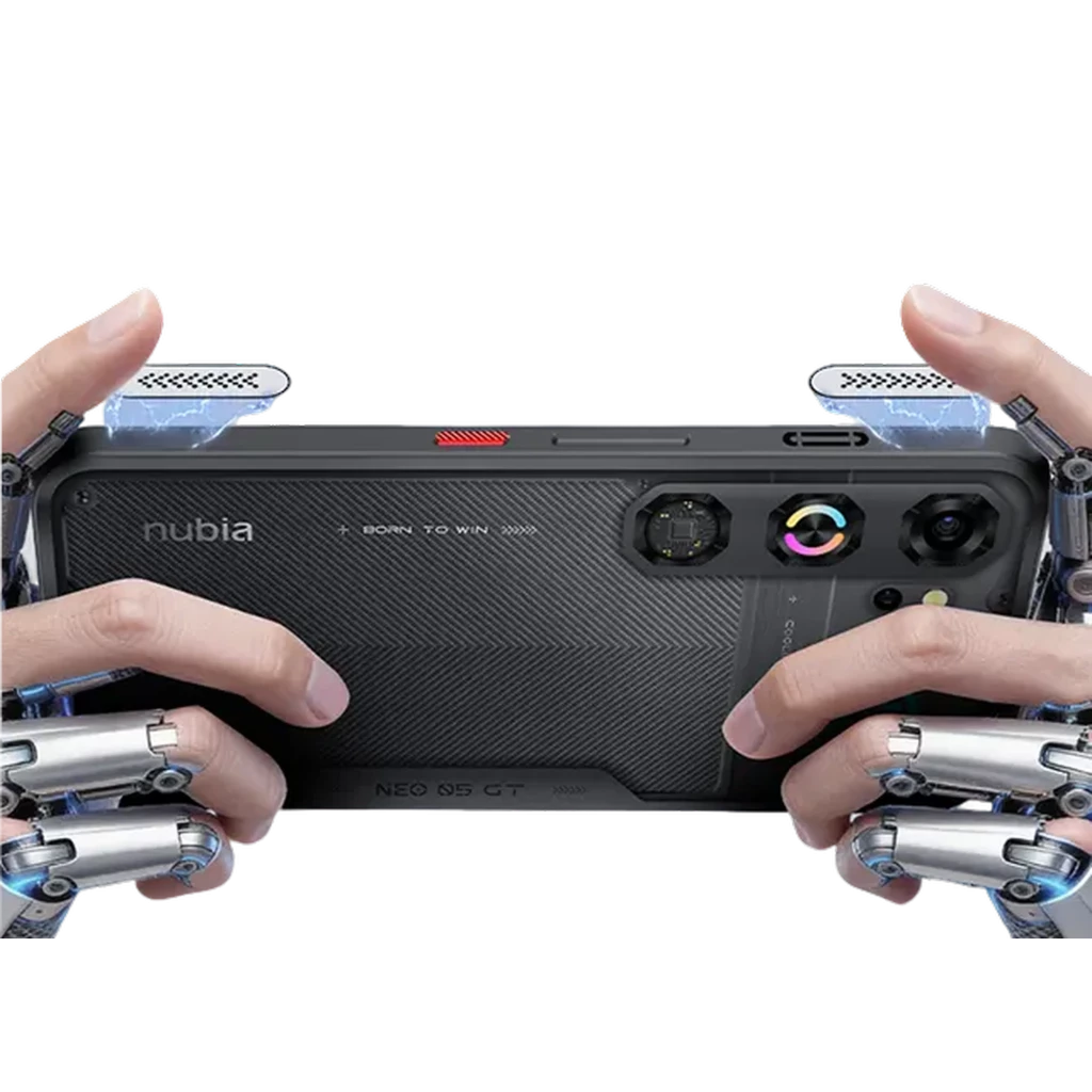Nubia Neo 5 GT noir avec dos texturé, module photo triple, accents LED bleus, écran bord à bord perforé et gâchettes latérales rouges pour le gaming - Ítem5