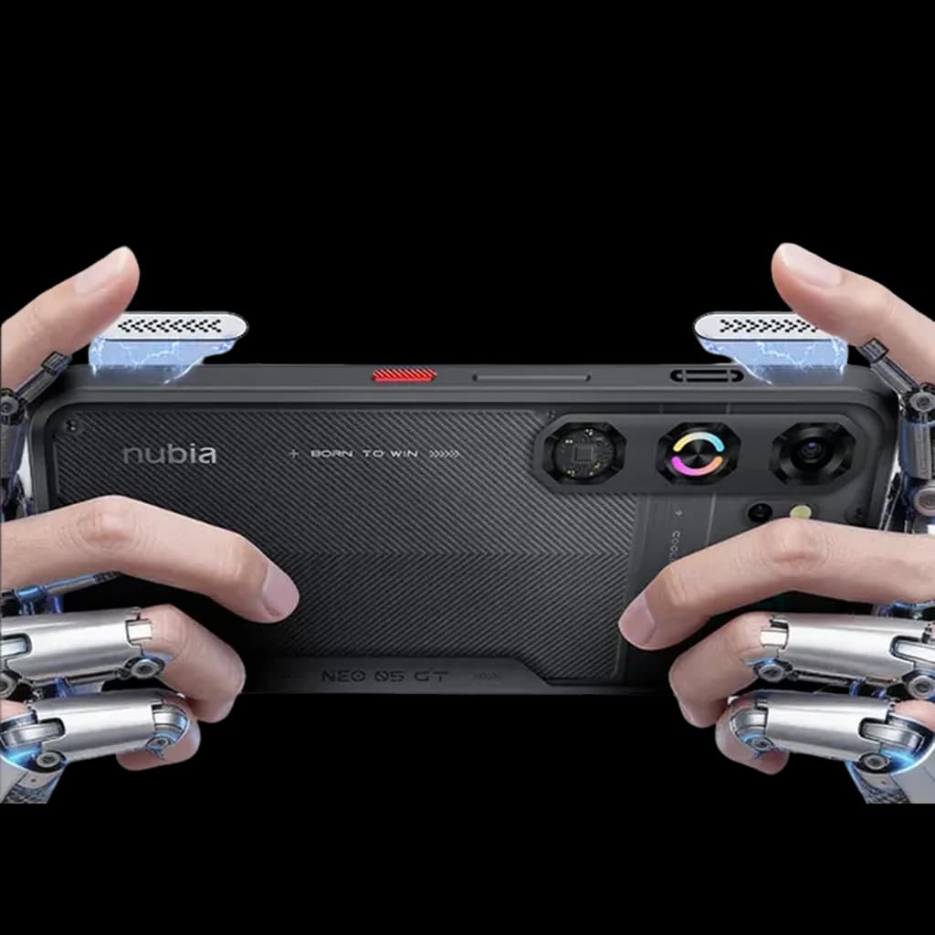 Nubia Neo 5 GT preto com traseira gamer, câmera dupla com anel RGB, textura em fibra, gatilhos laterais transparentes e detalhes metálicos futuristas