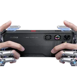 Nubia Neo 5 GT preto com traseira gamer, câmera dupla com anel RGB, textura em fibra, gatilhos laterais transparentes e detalhes metálicos futuristas