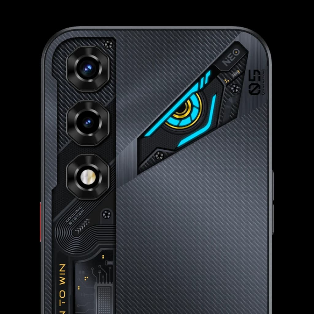 Nubia Neo 5 5G Preto com design gamer, módulo traseiro triplo, detalhes em LED azul, texturas em fibra e acentos metálicos, estilo futurista robusto