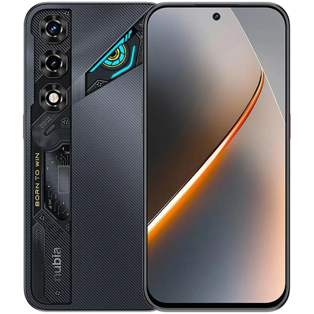Nubia Neo 5 5G negro con pantalla perforada sin marcos, doble cámara trasera con módulo futurista y detalles LED, acabado texturizado y acentos naranjas - Ítem