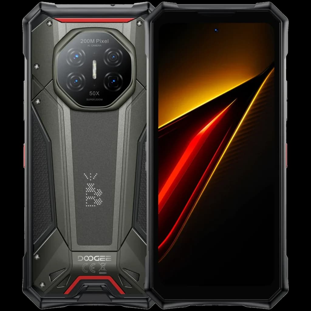 Doogee S300 Pro gris rugerizado con triple protección, módulo trasero octogonal, cámara 200 Mpx 50x, pantalla amplia, detalles rojos y textura metálica