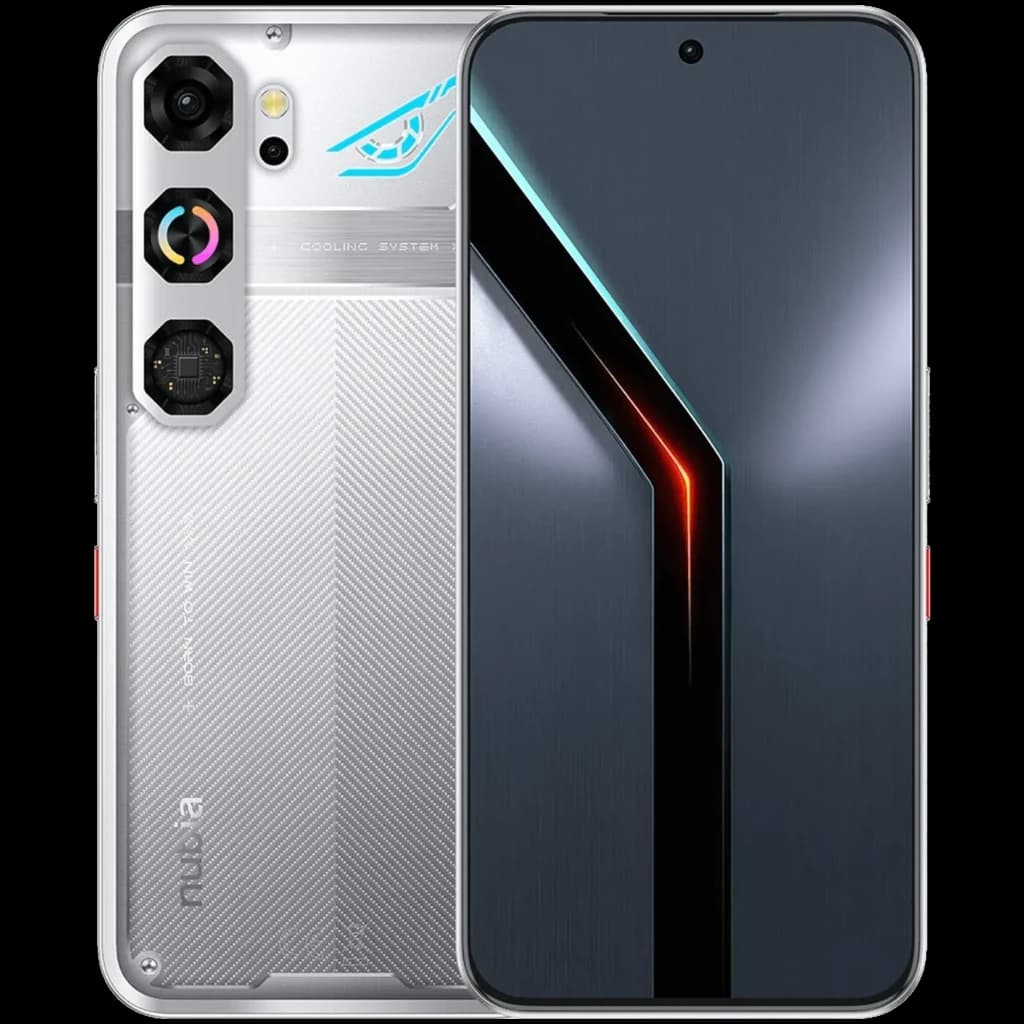 Nubia Neo 5 GT prata com traseira gamer prateada, módulos de câmera hexagonais, LED decorativo azul e frente com ecrã AMOLED 1,5K quase sem bordas