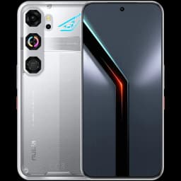 Nubia Neo 5 GT prata com traseira gamer prateada, módulos de câmera hexagonais, LED decorativo azul e frente com ecrã AMOLED 1,5K quase sem bordas