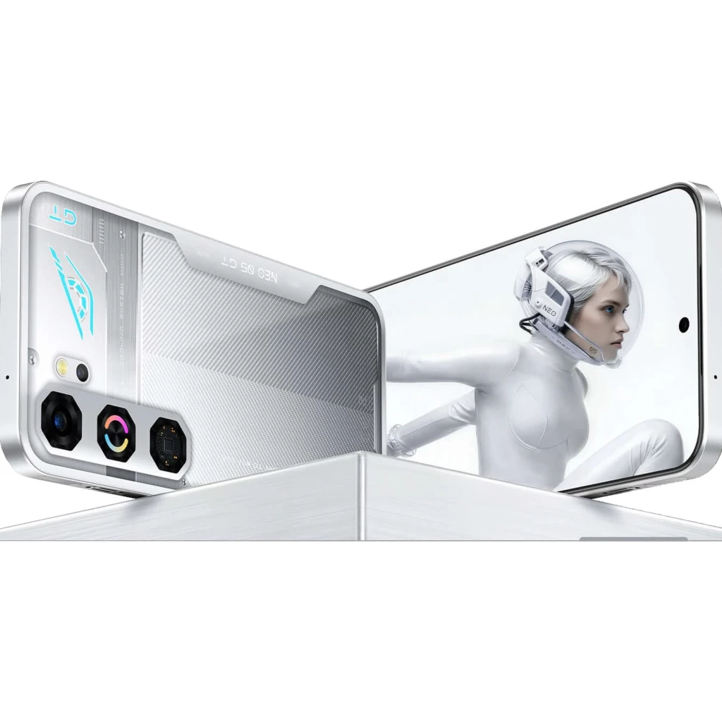 Nubia Neo 5 GT argent avec dos texturé gamer, modules photo hexagonaux, logo lumineux bleu, écran AMOLED 1,5K bord à bord avec poinçon central - Ítem1