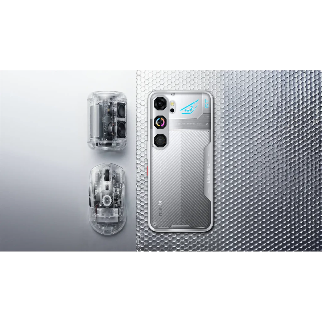 Nubia Neo 5 GT argent avec dos texturé gamer, modules photo hexagonaux, logo lumineux bleu, écran AMOLED 1,5K bord à bord avec poinçon central - Ítem3