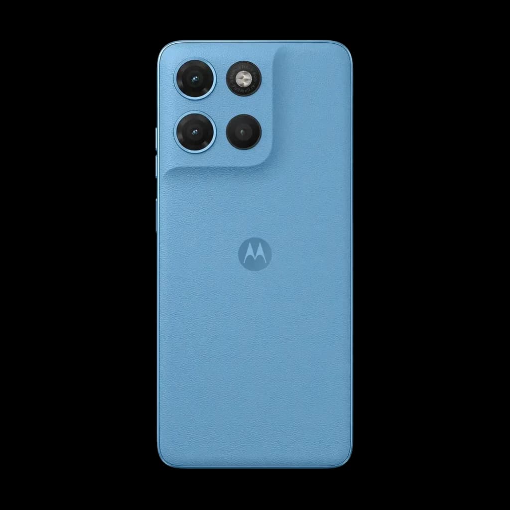 Motorola Moto G17 Alaskan Blue con tapa trasera azul texturizada y módulo de triple cámara sobresaliente con sensores circulares y logo central Motorola
