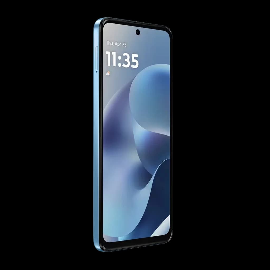 Smartphone Motorola Moto G17 azul Alaskan con pantalla 6.72 pulgadas, perforación central para cámara frontal y bordes delgados; lateral con botones y puerto